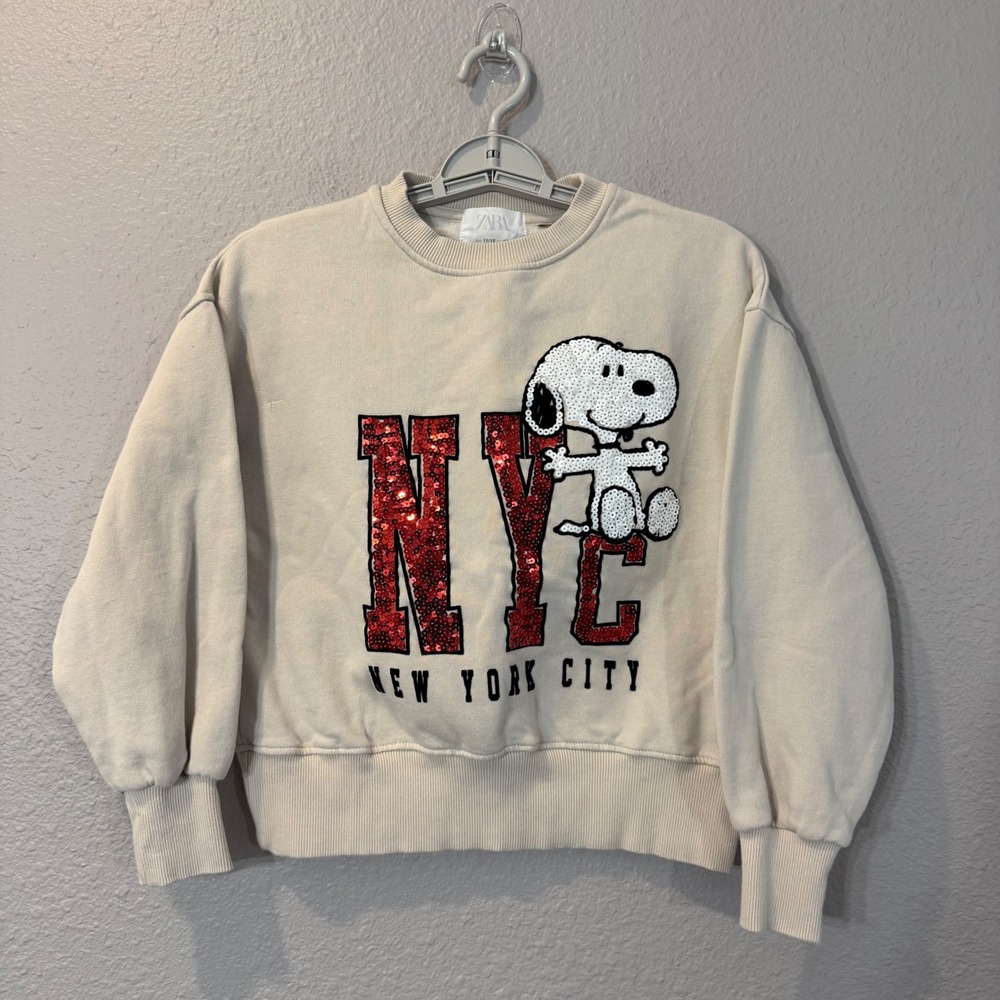 Zara Girl's Size 11/12 Beige Peanuts Snoopy NYC Sequin Graphic Sweatshirt